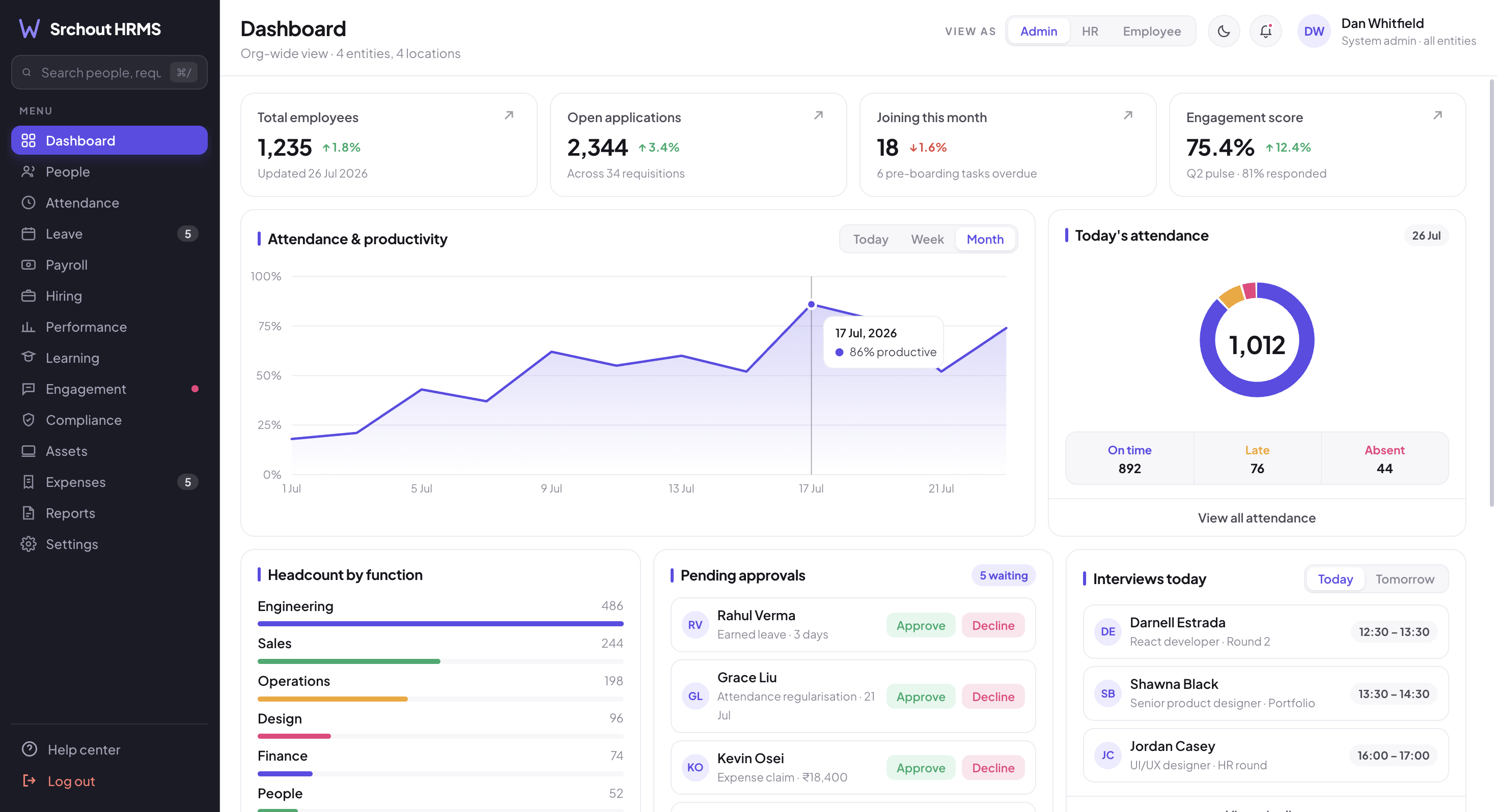 HRMS dashboard preview — click to open the live demo